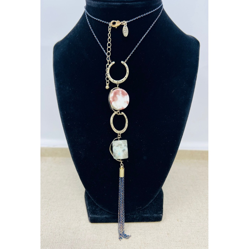 Oliver Bonas Mixed Stone and Tassel Long Pendant Necklace Gold Blue Pink